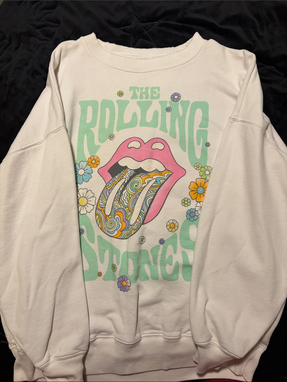 American Eagle Outfitters White Crewneck with Pastel Floral Tongue Graphic